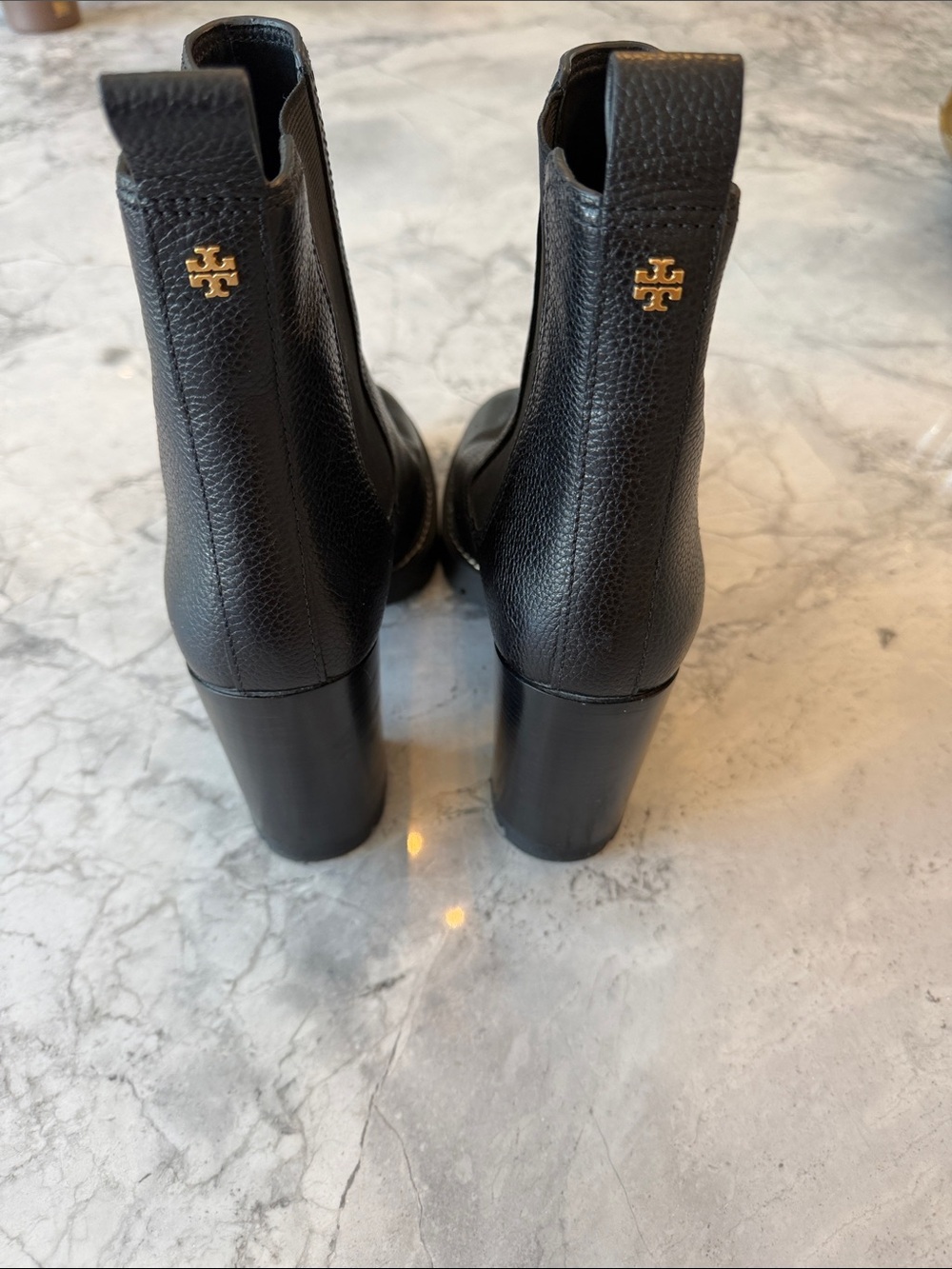 Tory Burch Black Pebbled Leather Block Heel Ankle Boots with Gold Logo